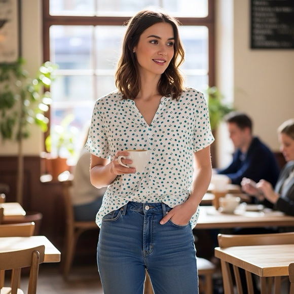 Street One Tops - White Blouse with Green Polka Dots